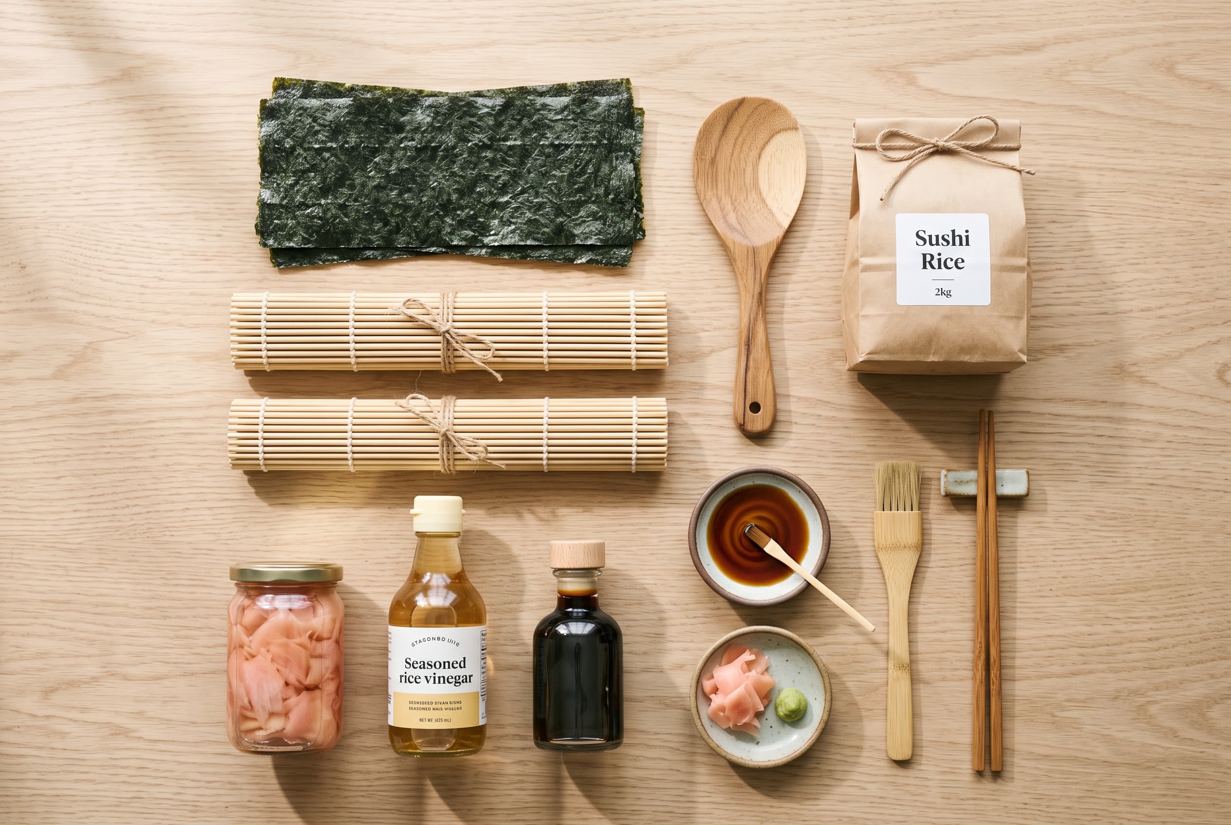 A complete home sushi kit laid out flat